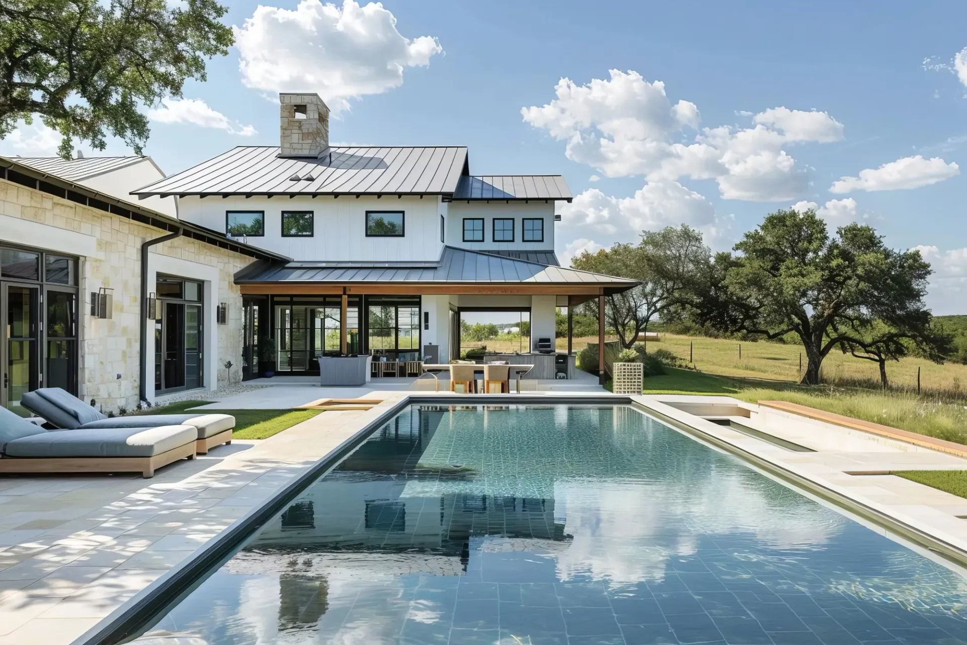 Resort-style pool with spa overflow above Lake Travis, TX