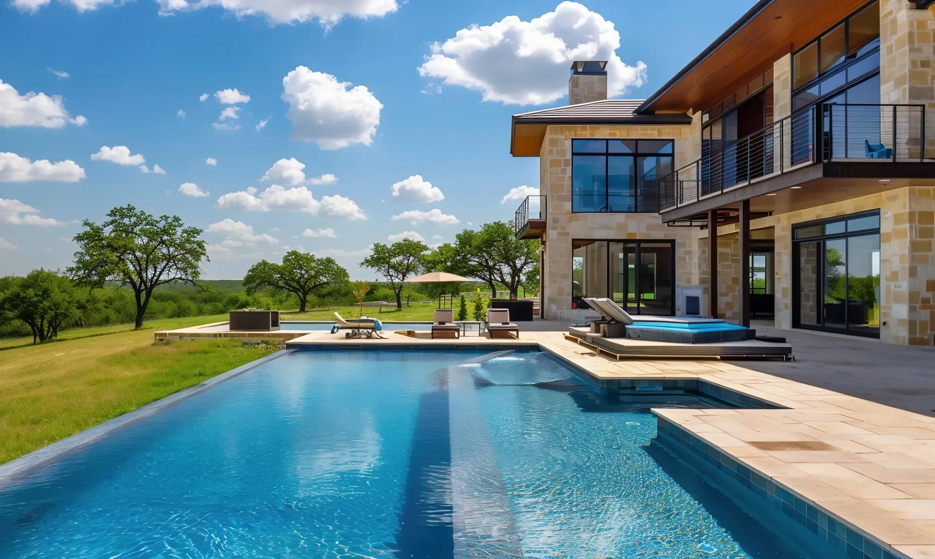 Negative-edge pool overlooking Lake Austin with dark plaster and limestone coping